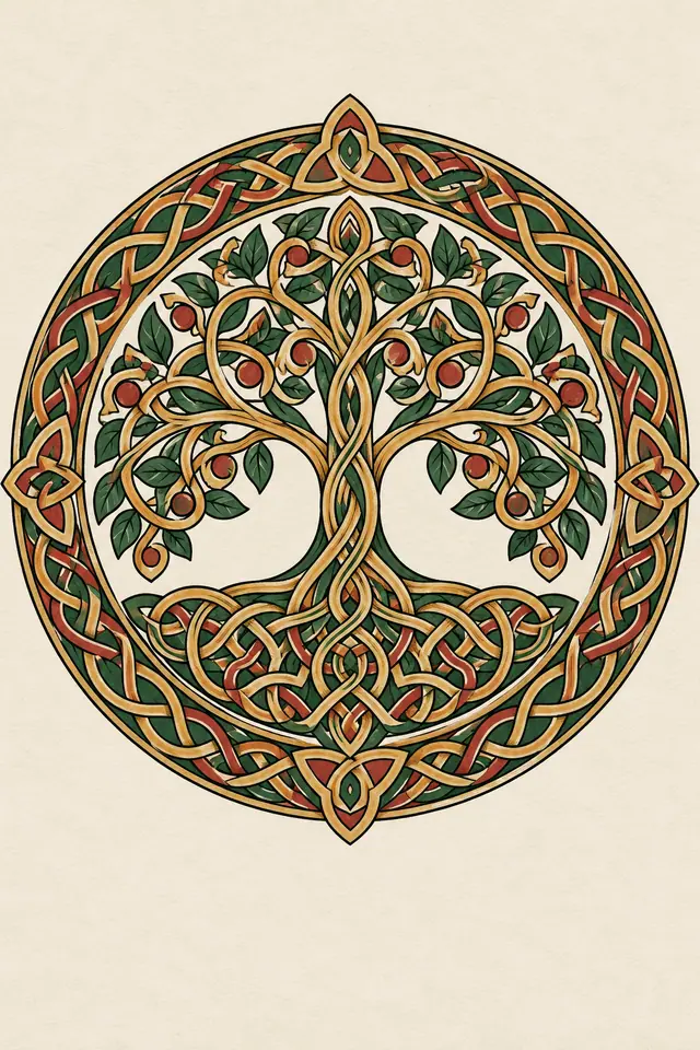 Color illuminated Celtic tree of life tattoo design for the upper arm (half sleeve)