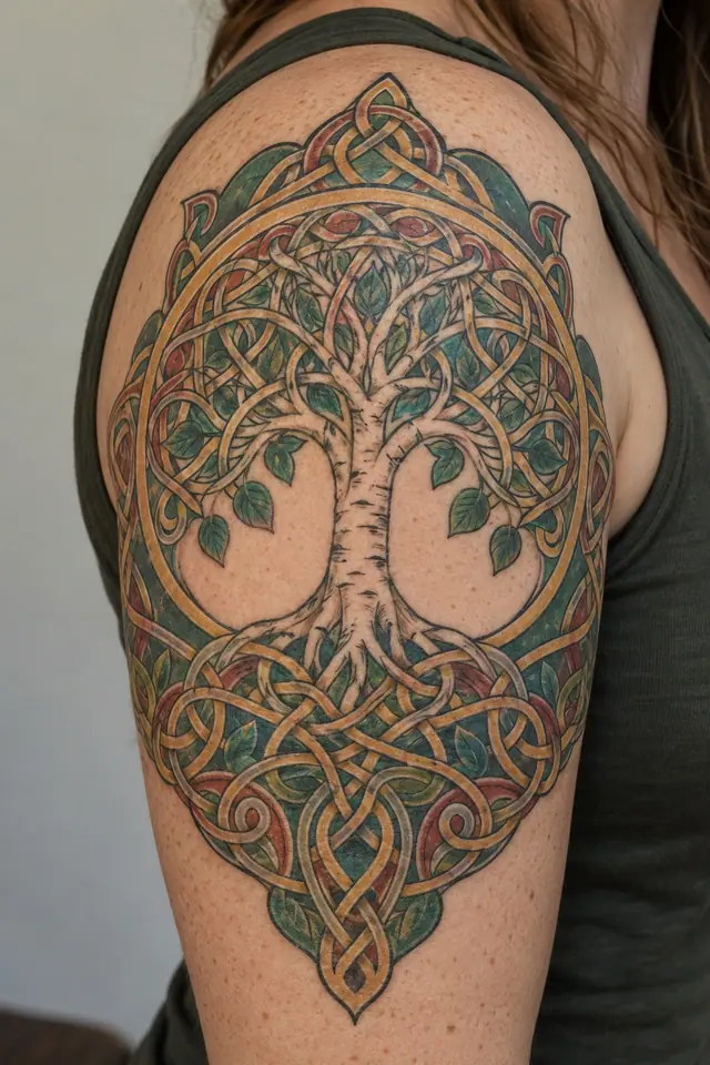 Color illuminated Celtic tree of life tattoo on the upper arm (half sleeve)
