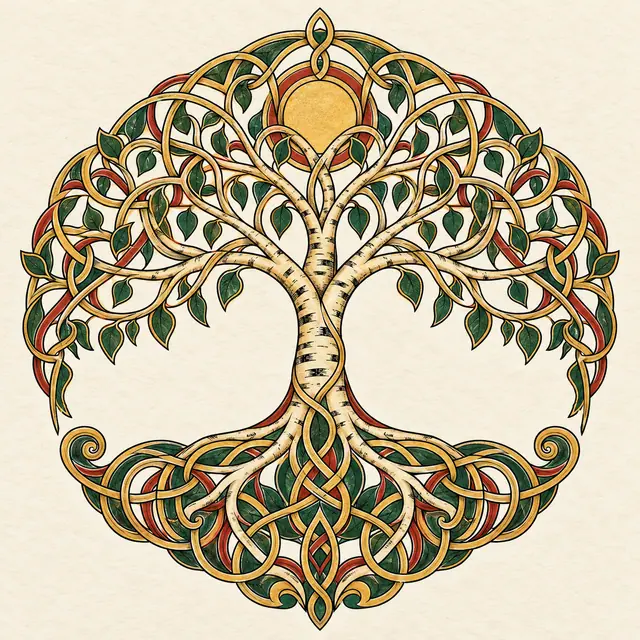 Color illuminated Celtic tree of life tattoo design for the shoulder