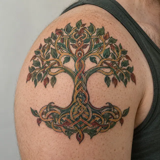 Color illuminated Celtic tree of life tattoo on the shoulder