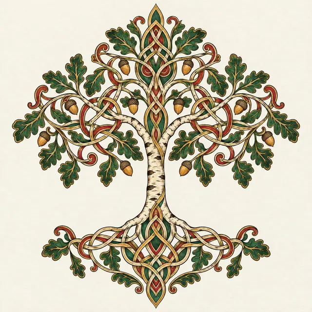Color illuminated Celtic tree of life tattoo design for the upper back