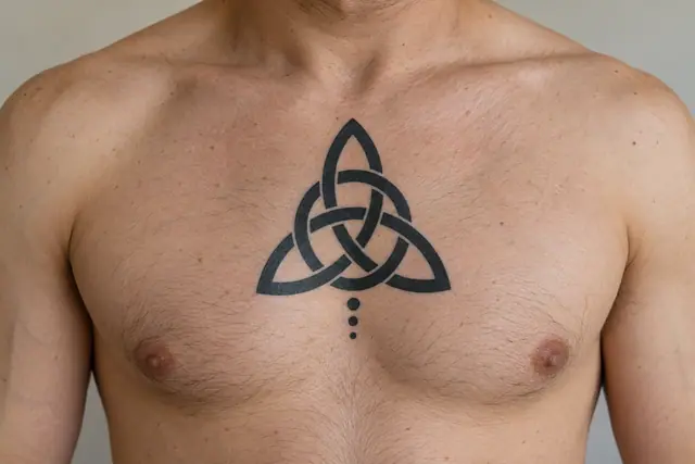 Blackwork trinity knot tattoo on the chest