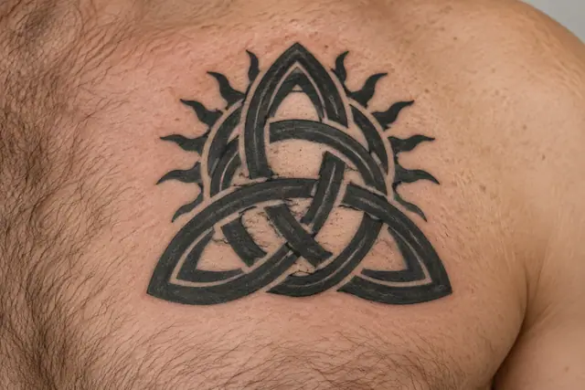 Blackwork trinity knot tattoo on the chest