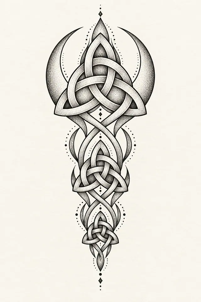 Dotwork trinity knot tattoo design for the calf