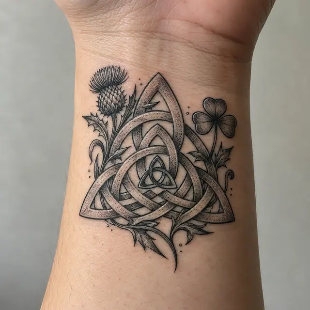 Dotwork trinity knot tattoo on the wrist