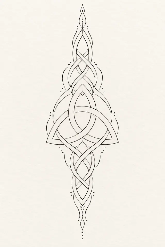 Fine-line trinity knot tattoo design for the calf