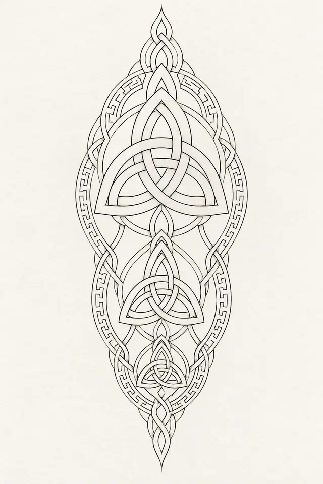 Fine-line trinity knot tattoo design for the calf