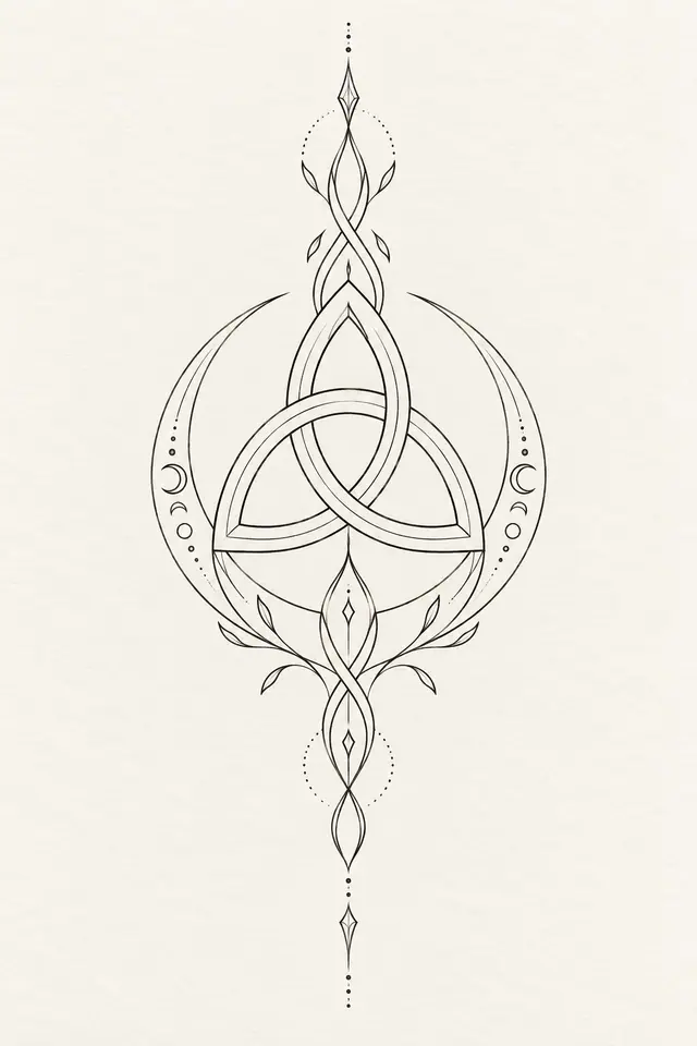Fine-line trinity knot tattoo design for the calf