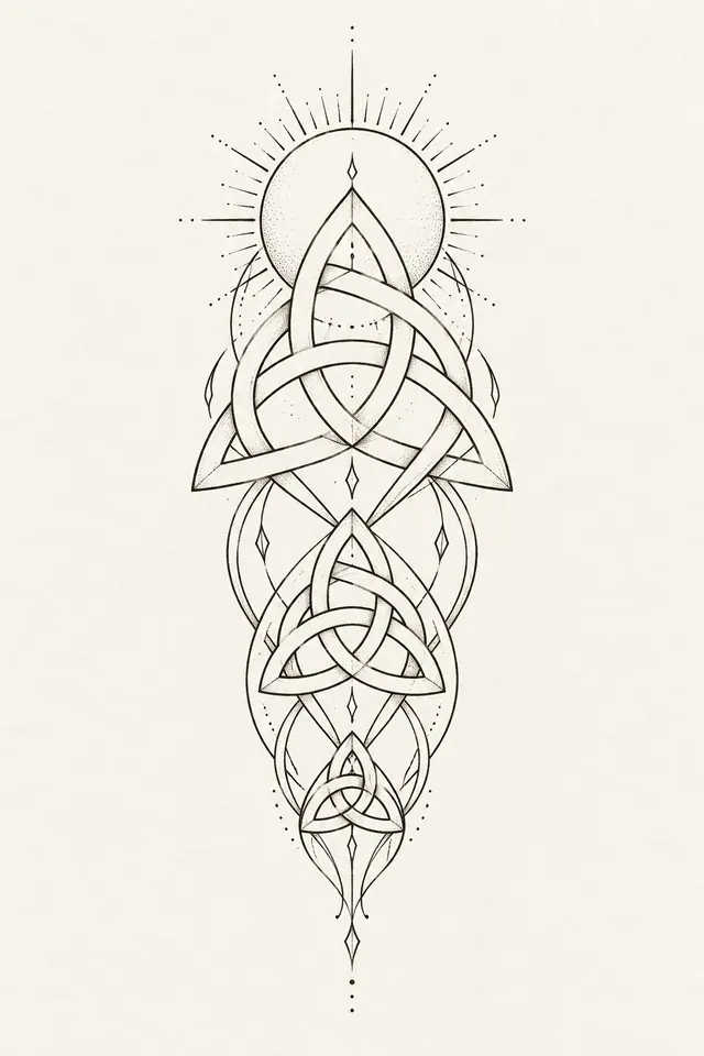 Fine-line trinity knot tattoo design for the calf
