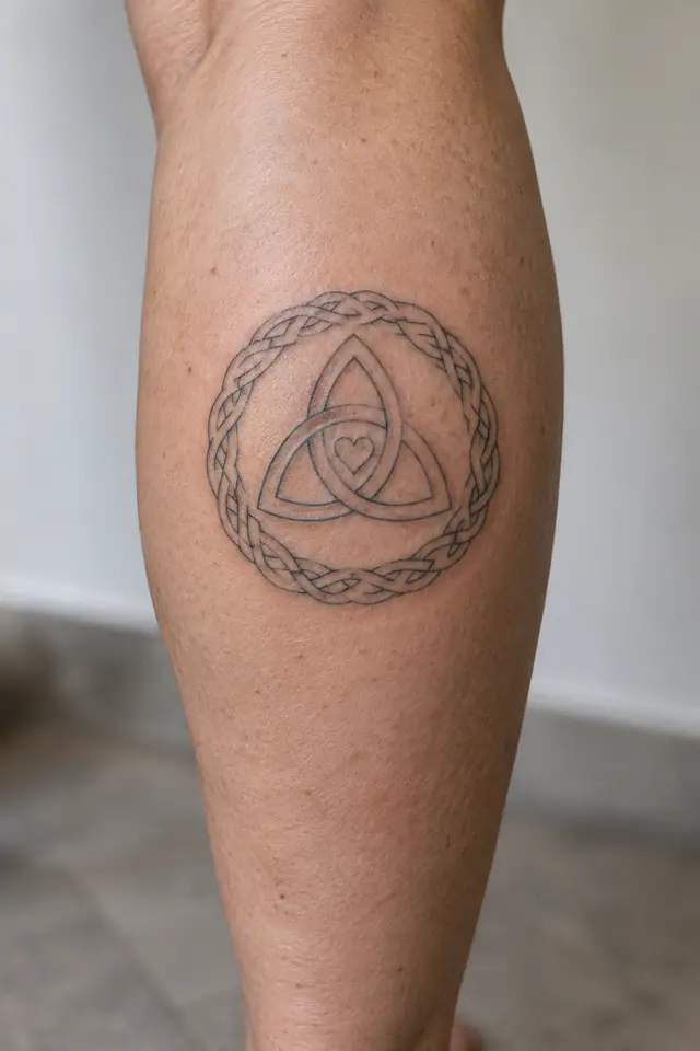 Fine-line trinity knot tattoo on the calf