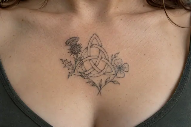 Fine-line trinity knot tattoo on the chest