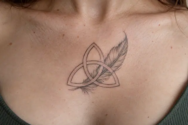 Fine-line trinity knot tattoo on the chest