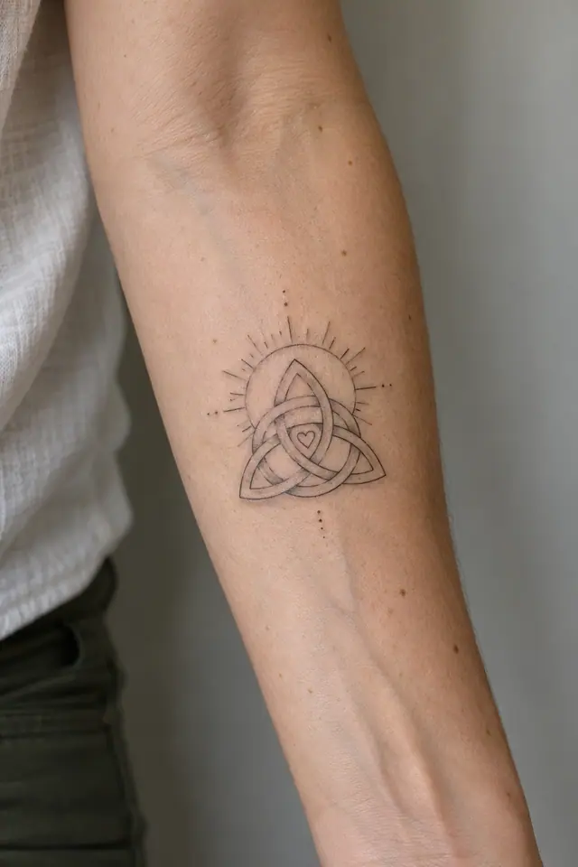 Fine-line trinity knot tattoo on the forearm