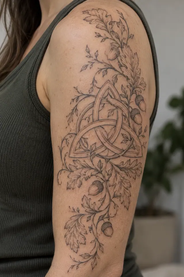 Fine-line trinity knot tattoo on the upper arm (half sleeve)