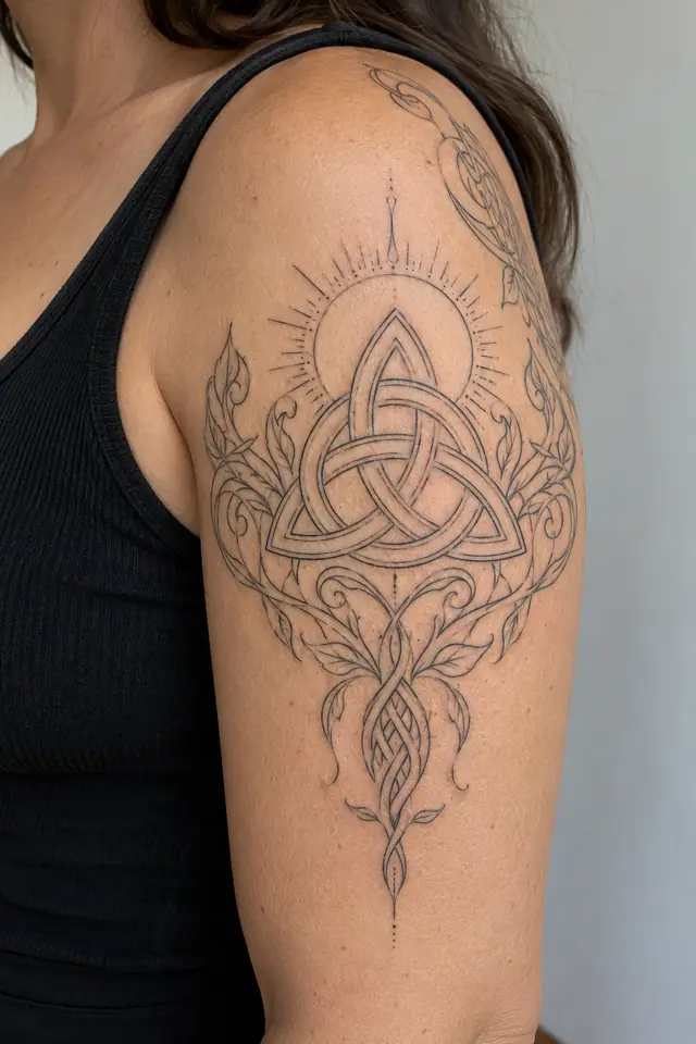 Fine-line trinity knot tattoo on the upper arm (half sleeve)