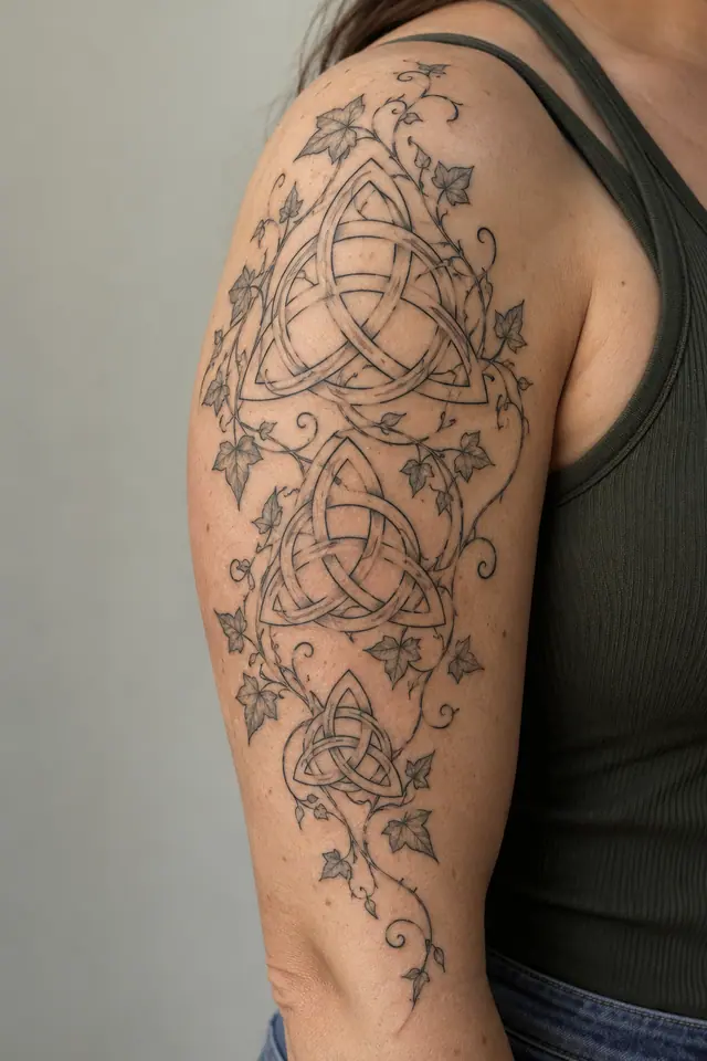 Fine-line trinity knot tattoo on the upper arm (half sleeve)