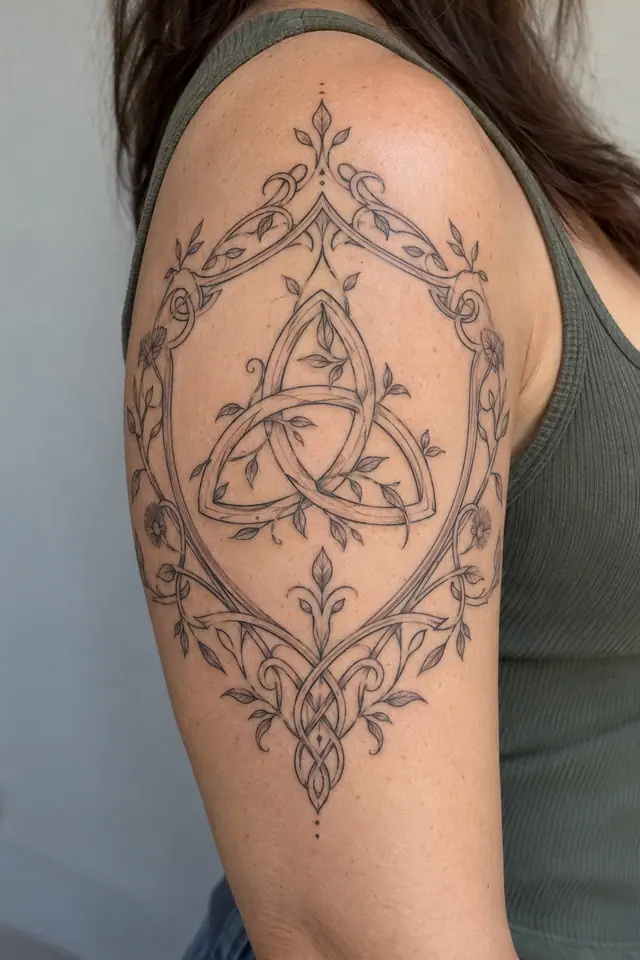 Fine-line trinity knot tattoo on the upper arm (half sleeve)