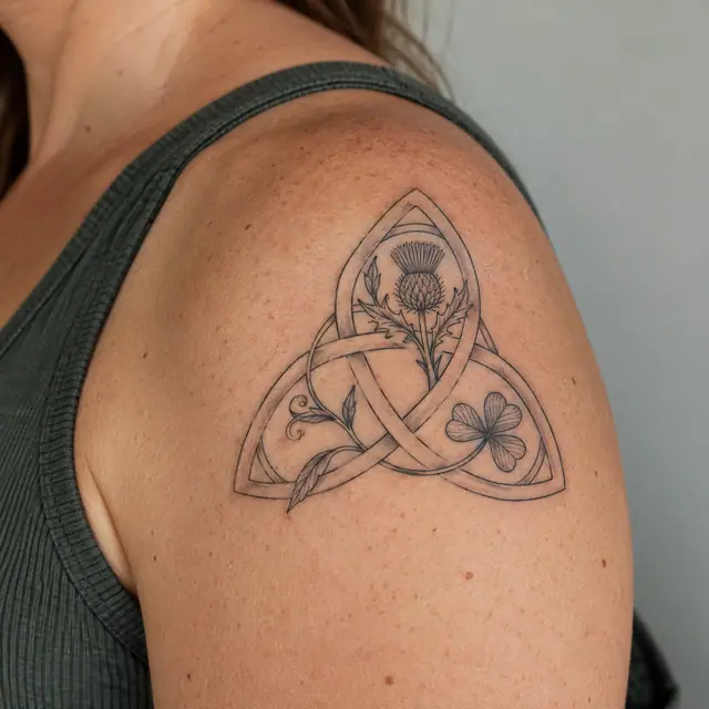 Fine-line trinity knot tattoo on the shoulder