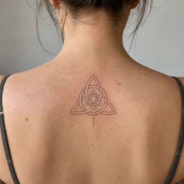 Fine-line trinity knot tattoo on the upper back