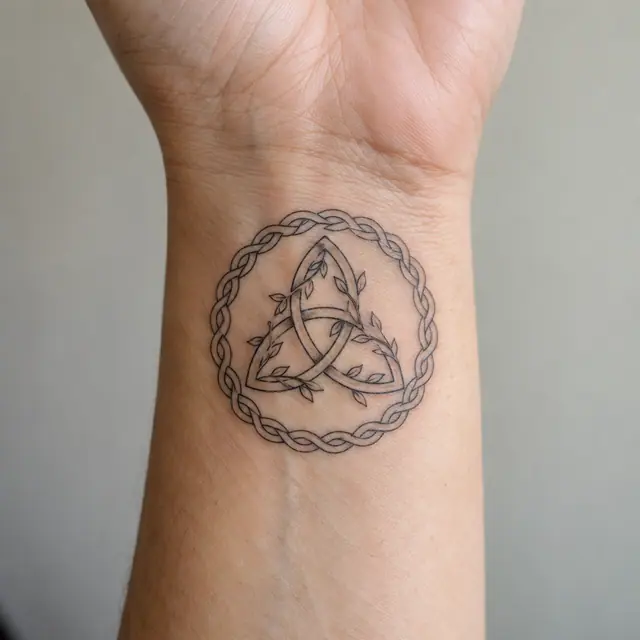 Fine-line trinity knot tattoo on the wrist
