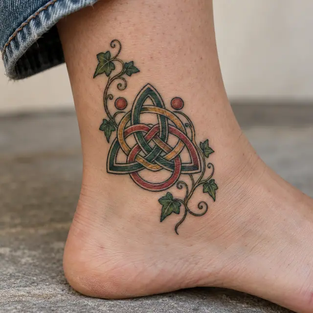 Color illuminated trinity knot tattoo on the ankle