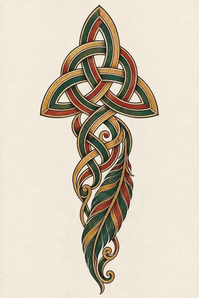 Color illuminated trinity knot tattoo design for the calf