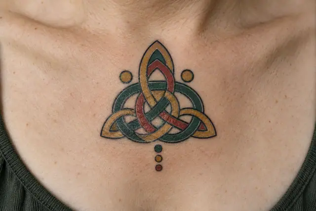 Color illuminated trinity knot tattoo on the chest
