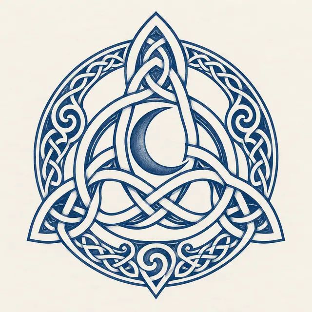 Woad blue trinity knot tattoo design for the shoulder