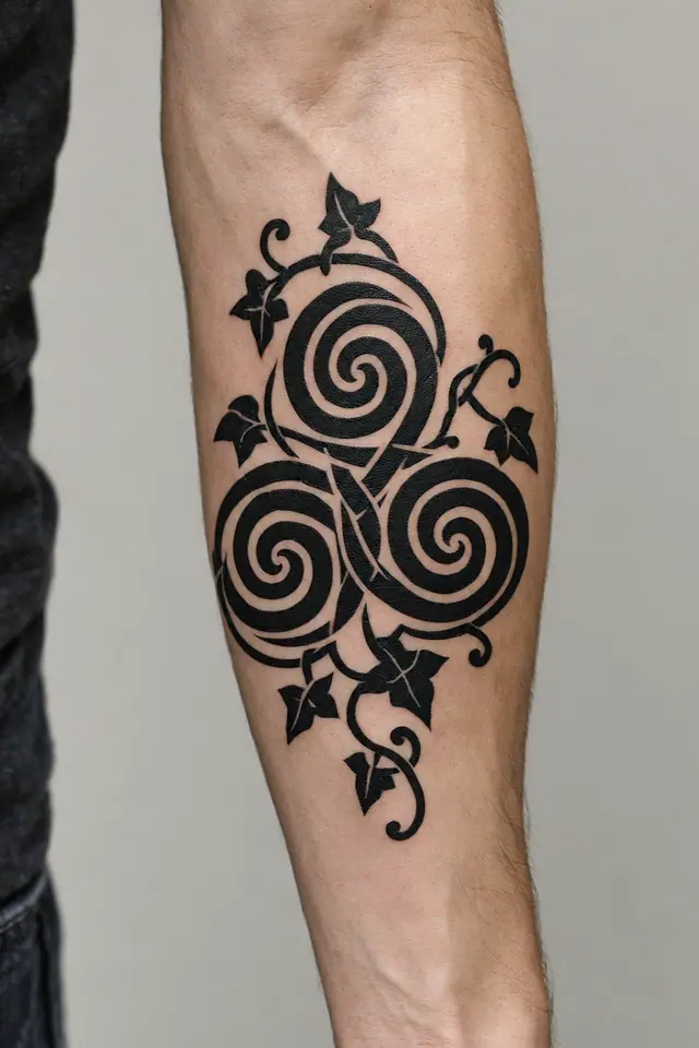 Blackwork triskele tattoo on the forearm