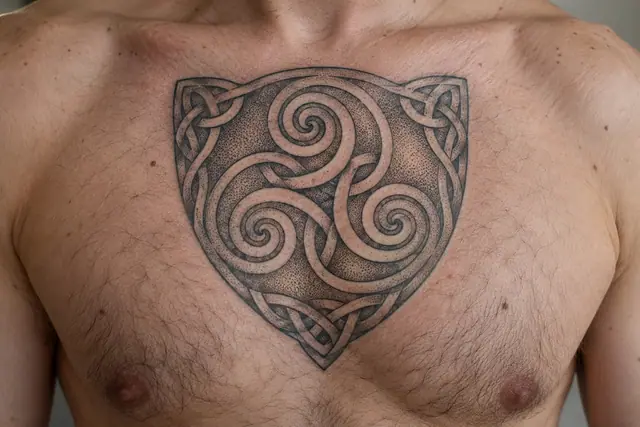 Dotwork triskele tattoo on the chest