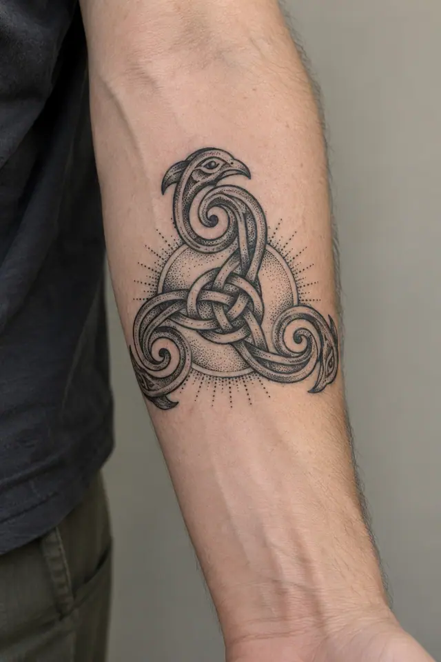 Dotwork triskele tattoo on the forearm