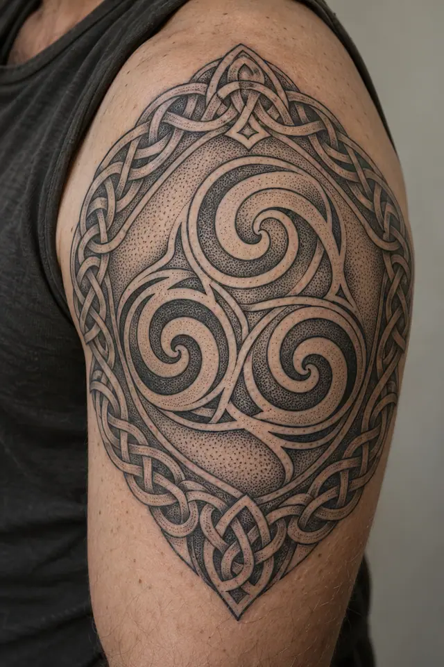 Dotwork triskele tattoo on the upper arm (half sleeve)
