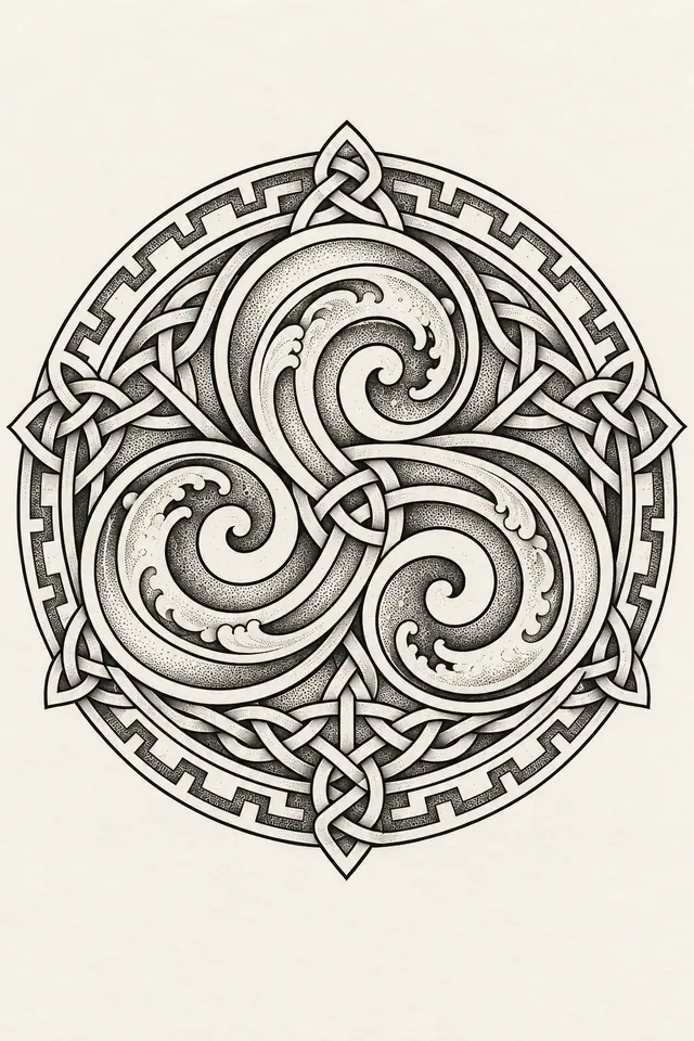 Dotwork triskele tattoo design for the upper arm (half sleeve)