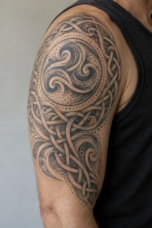 Dotwork triskele tattoo on the upper arm (half sleeve)