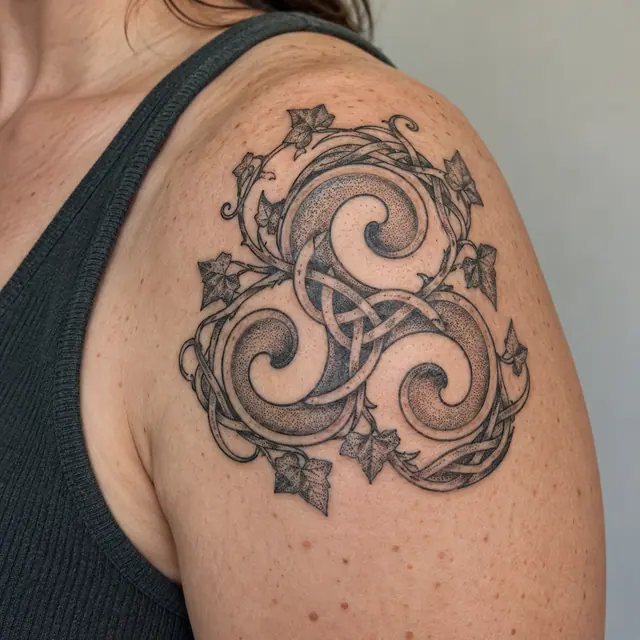 Dotwork triskele tattoo on the shoulder