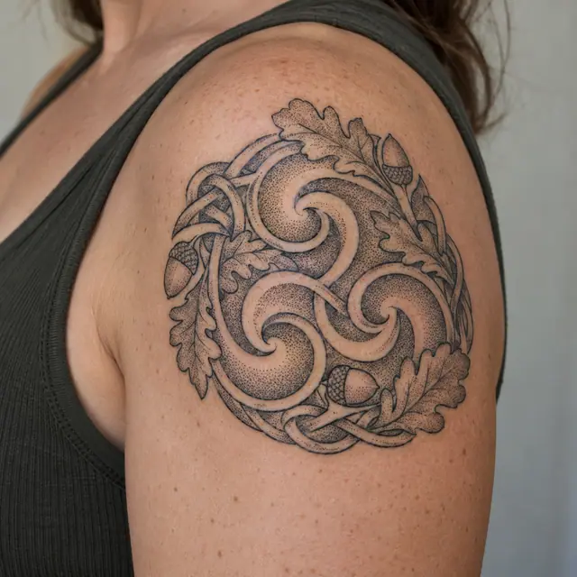 Dotwork triskele tattoo on the shoulder