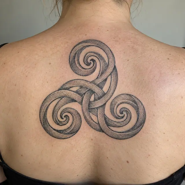 Dotwork triskele tattoo on the upper back