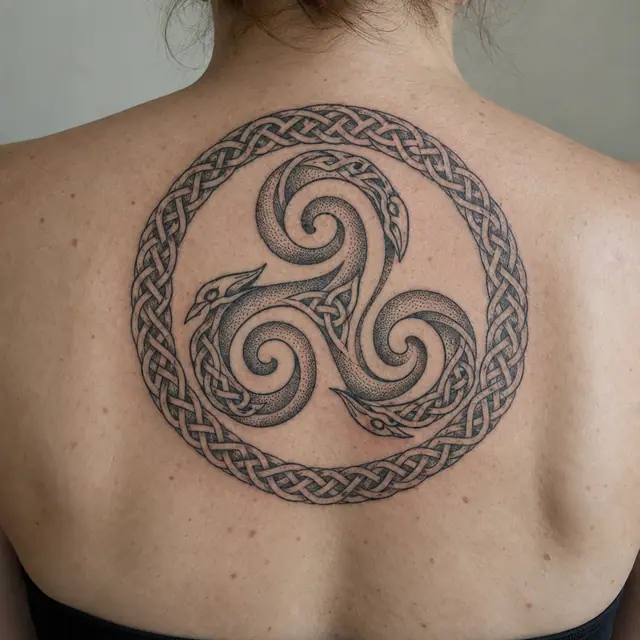 Dotwork triskele tattoo on the upper back