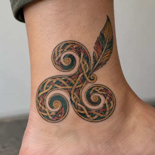 Color illuminated triskele tattoo on the ankle