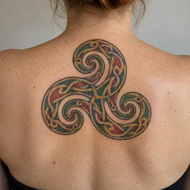 Color illuminated triskele tattoo on the upper back