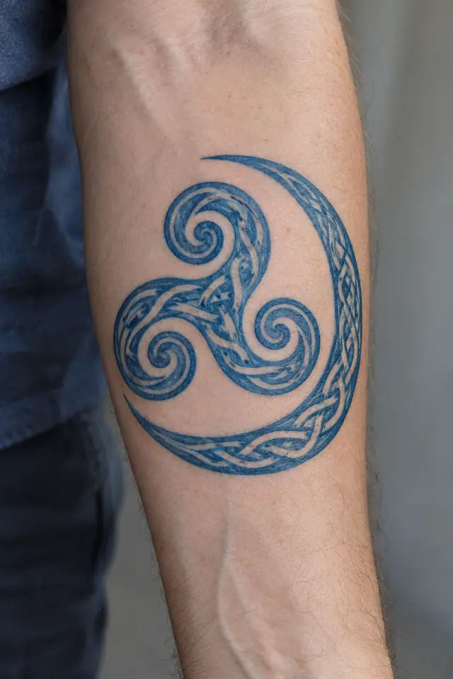 Woad blue triskele tattoo on the forearm